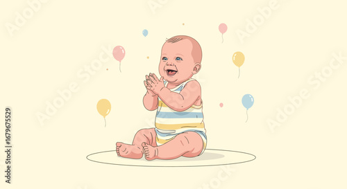 Happy Baby Clapping Joyfully Surrounded By Balloons, Celebrating In Delightful Illustration