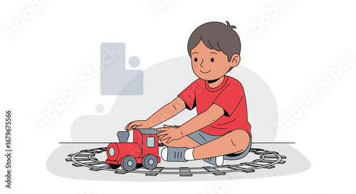 Happy young boy playing with a toy train on rail track vector illustration