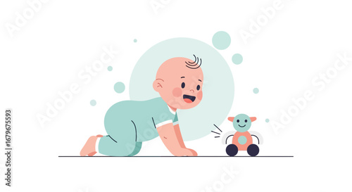 Happy baby crawling towards a toy illustration in flat design simple illustration