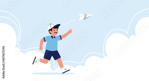 Happy Young Boy With Hat Throwing Paper Airplane In The Sky And Having Fun