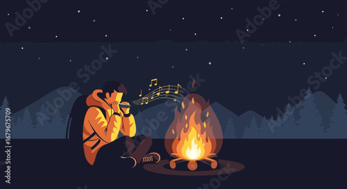 Harmonica Serenade Beside a Bonfire Under a Starry Night Sky in Illustrated Design