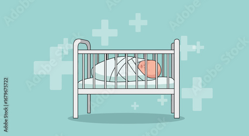 Healthy Infant Sleeping Comfortably in Crib With Medical Crosses in Background