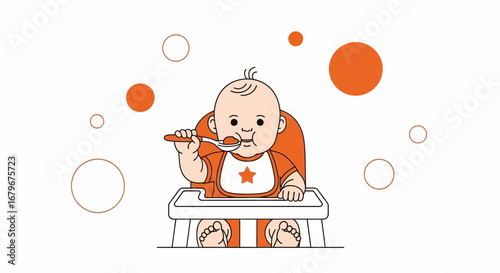 Happy Baby Eating Delicious Food While Sitting In A Special High Chair Successfully