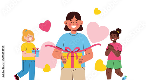 Heartfelt Gifting Moment: Children Presenting Gifts with Joy and Celebration