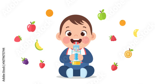 Happy baby drinking juice surrounded by various healthy fruits in colorful illustration