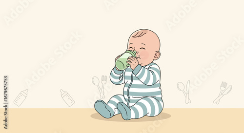 Happy Baby Drinking Milk from a Bottle, Joyful Moment, Childhood Illustration