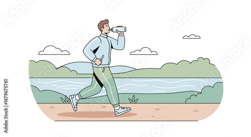 Healthy lifestyle concept illustration of a man running and drinking water outdoors