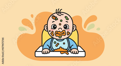 Happy baby eating food and making a mess in a cartoon illustration design
