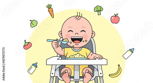 Happy baby eating food from a spoon in high chair with vegetables and fruits illustration