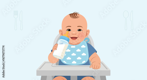 Happy baby enjoying a bottle of milk in a high chair with bib full of joy