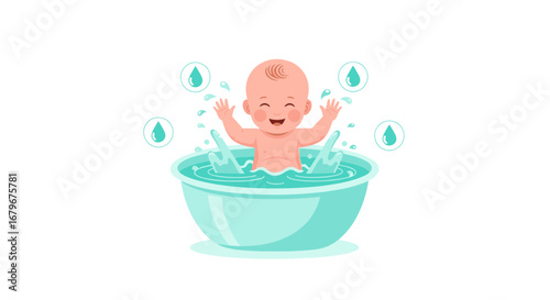 Happy Baby Enjoying Bath Time with Playful Splashes in a Pastel Bathtub Delightfully