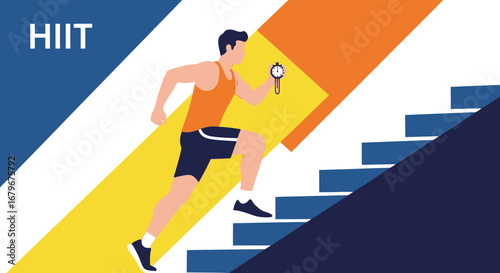 HIIT workout concept illustration of a man running up stairs holding a stopwatch