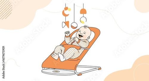 Happy baby in a bouncer chair with mobile toy, smiling and laughing, vector illustration