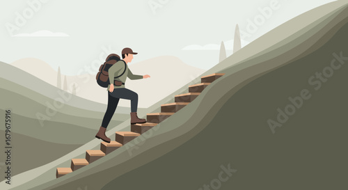 Hiker climbing stairs on a mountain, metaphor of achieving goals and success
