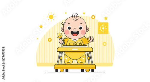 Happy baby in a walker with a rattle and a cute smile, vector cartoon illustration