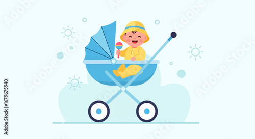 Happy baby in a stroller, cute illustration for baby products and childcare