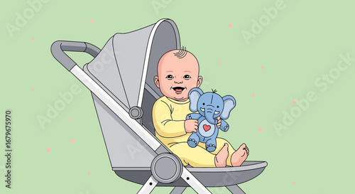 Happy Baby In Stroller Holding Elephant Plush Toy With Adorable Expression