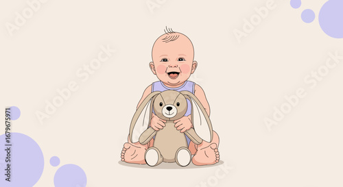 Happy Baby Infant Holding Stuffed Bunny Rabbit Toy Smiling Joyfully and Playfully