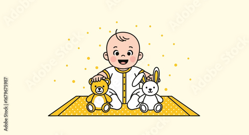 Happy Baby Is Playing With Toys On A Blanket In Adorable and joyful Illustration