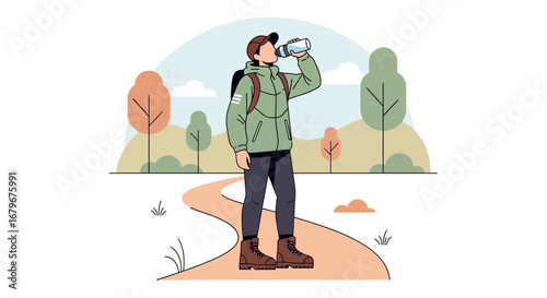 Hiker Pauses To Hydrate On a Scenic Trail During An Outdoor Excursion