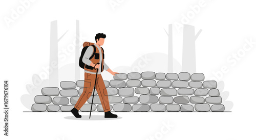 Hiker Walking Past a Stone Structure in a Scenic Forest Landscape Illustration