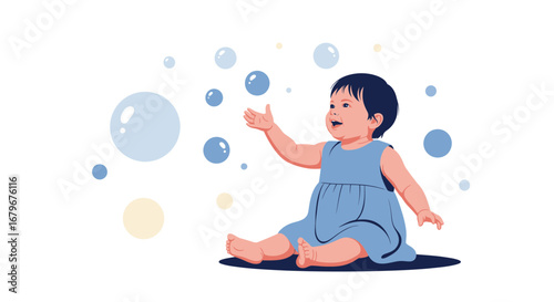 Happy Baby Playing With Bubbles, Smiling And Reaching In A Joyful, Delightful Scene