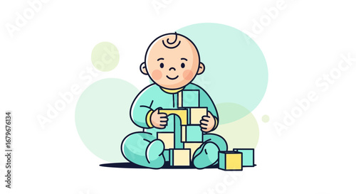 Happy Baby Playing With Building Blocks, Creating A Colorful, Cute, And Appealing Vector