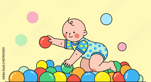 Happy baby playing with colorful balls in a ball pit illustration on yellow background