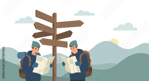 Hikers Contemplate Direction At Wooden Signpost Amidst Mountainous Terrain