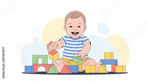 Happy baby playing with colorful blocks, expressing joy and embracing early childhood