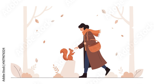 Human's Kind Offering To A Playful Squirrel In A Beautiful Autumn Setting  With Fall Leaves