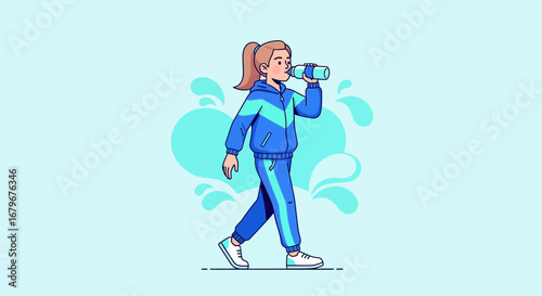 Hydration Journey: Energetic Young Woman Rehydrating After Strenuous Workout in Vector