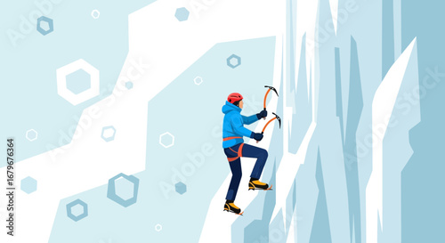 Ice climber scaling a treacherous wall of ice using ice axes and climbing gear, vector style