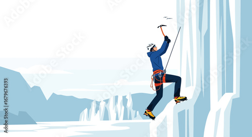 Ice Climbing Adventure: Athlete Ascends Snowy Glacier, Achieving Triumph in Extreme Sport