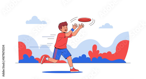 Illustrated depiction of a young man playing frisbee in an outdoor setting