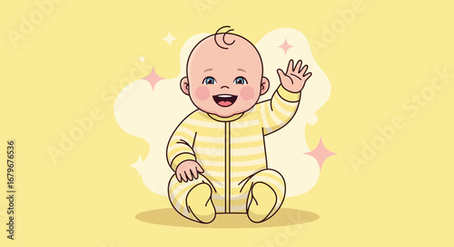 Happy Baby Smiling And Waving Sitting On Yellow Backdrop Symbolizing Joy And Happiness