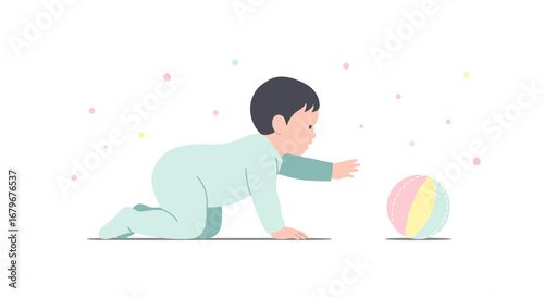 Illustrated image of a baby reaching for a ball on a white background