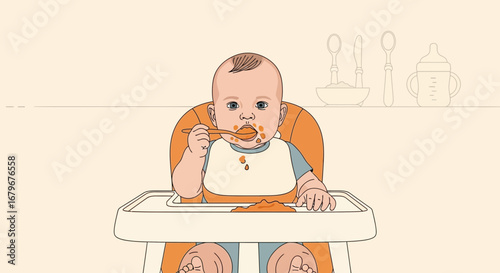 Illustrated baby eating, child eating food, infant in high chair, vector style illustration