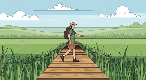 Illustrated Man Walking Through Green Nature Landscape Path and Summer Clouds Sky