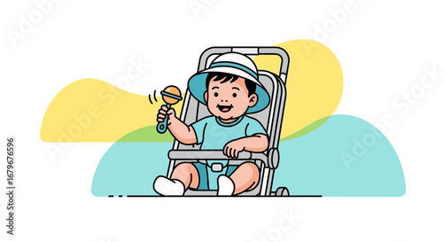 Happy Baby With Rattle Relaxing In His Stroller Playing With A Toy On White Background