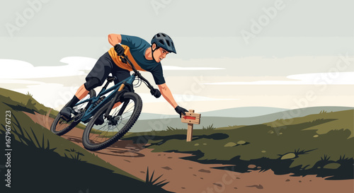 Illustration depicting a mountain biker riding downhill with a signpost on a trail