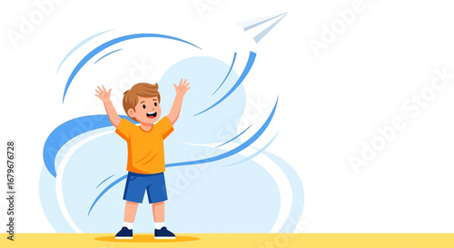 Happy boy chasing a paper plane, childhood joy and freedom concept in illustration