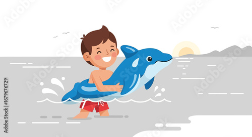Happy boy enjoying the summer with a dolphin inflatable toy at the beach scene