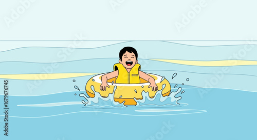 Happy Boy Floating in a Life Ring in the Water Summer Fun Activity