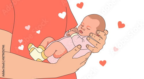 Illustration depicting a parent holding a newborn baby, love and care concept
