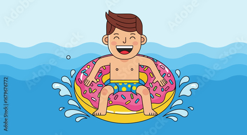 Happy boy floating on donut inflatable ring enjoying summer water fun