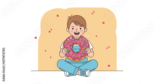 Happy boy holding a big donut in his hands and sitting cross-legged with smile on his face