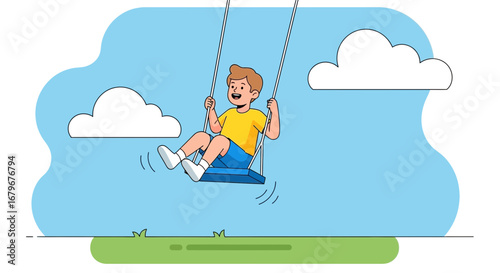 Happy boy having fun on a swing under the blue sky in an illustration style