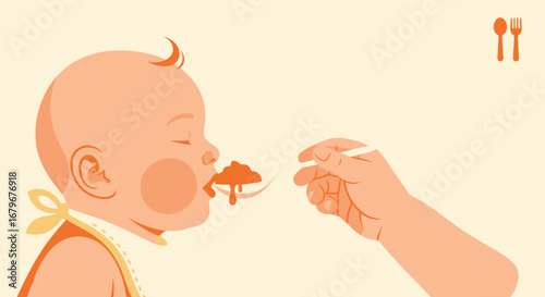 Illustration of a baby being spoon-fed, child nutrition and parenting concept