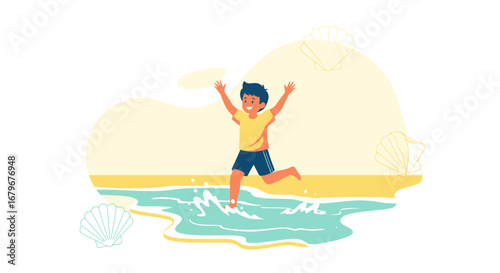 Happy boy running into the sea on a sunny beach day during summer vacation trip